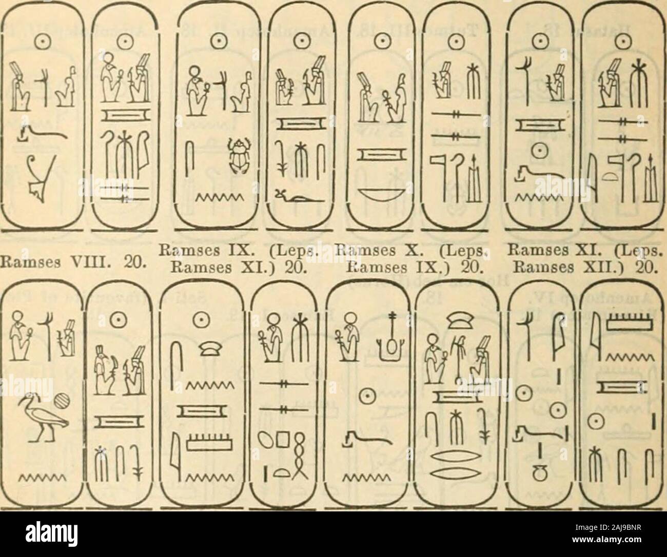 Egitto : manuale per i viaggiatori : parte prima, Basso Egitto, con il Fayum e la penisola del Sinai . ll.iuiMi IV. 20. Ramses V. 20. Ramses VI. 20. Ramses VII. 20.. Ramses XII. (Leps. Sheshenk (Sesonchis) I. 22.20. f , ^v NWW,^ o i Q B AAAAAA ^ J Osorkon I. 22. f ft =i f( (J AAAAA Sheshenk IV. 23. Bokenranf (Uocchoris).24. 6 Takel.it (Tiglath) I. 22. Foto Stock