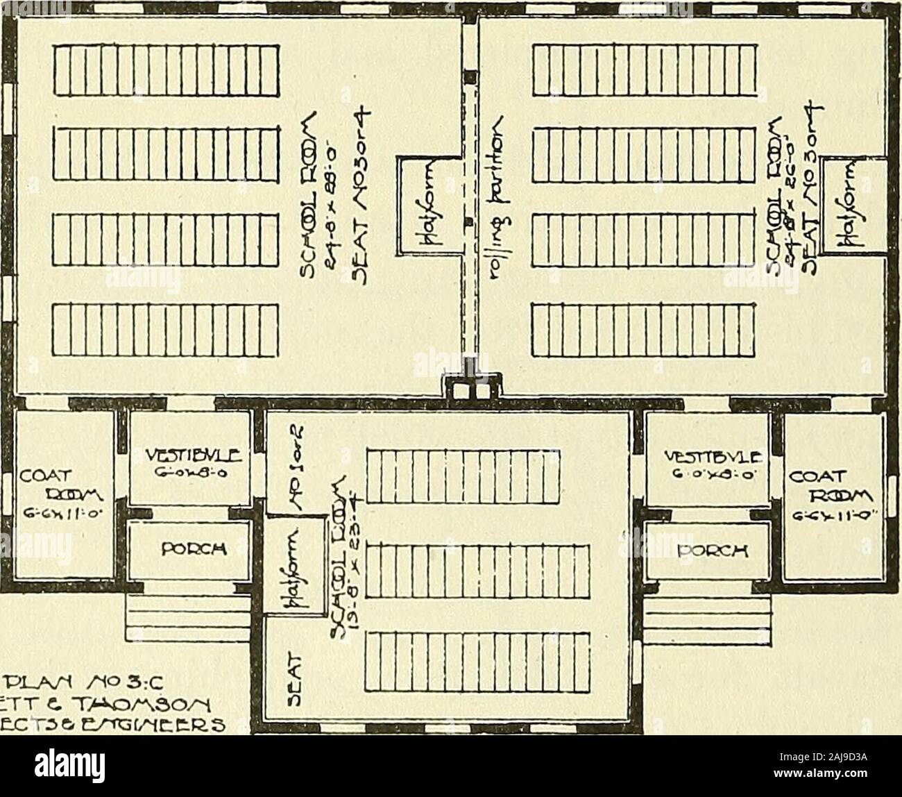 Piani per schoolhouses pubblica approvato dallo stato sovrintendente della pubblica istruzione con spiegazioni, specifiche, distinte dei materiali, le stime di costo . Disegno n. 3 C. ARCMlTECTiCi EAreo^CCRS. Progetto n. 3 C. PLAXS PER SCHOOLHOUSES pubblica. 23 di muratura. Costruire pareti fomulation, pontili e mozziconi di camino a thedimensions e portato alle altezze illustrato sui disegni, ofstrictly hard-bruciò mattone, prevista fino a malta di calce, uno partlime a tre parti di sabbia. Tutte le pareti, pontili e mozziconi di camino per avere basamento coursesstepped fuori su entrambi i lati delle pareti, come mostrato nella sezione . Layall mattone con fl Foto Stock