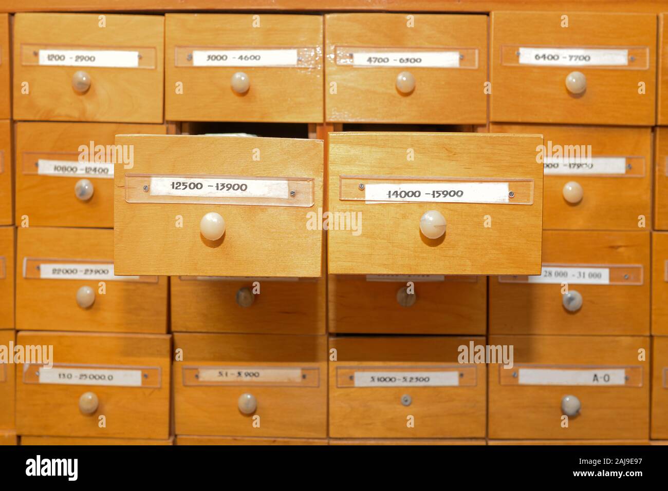 Database e directory dei dati. Un armadietto in una libreria con cassetti per riporre le schede di informazioni. Prenota il sistema contabile in una libreria o una scuola. Ricerca di Foto Stock