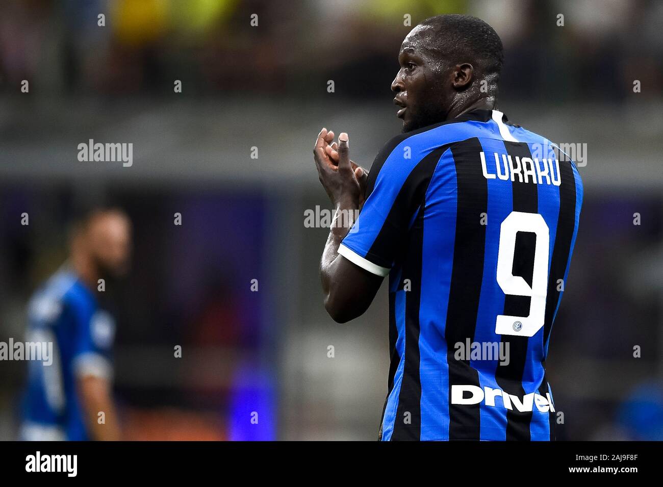 Milano, Italia. 26 Agosto 2019: Romelu Lukaku di FC Internazionale gesti  durante la serie di una partita di calcio tra FC Internazionale e US Lecce.  FC Internazionale ha vinto 4-0 oltre US