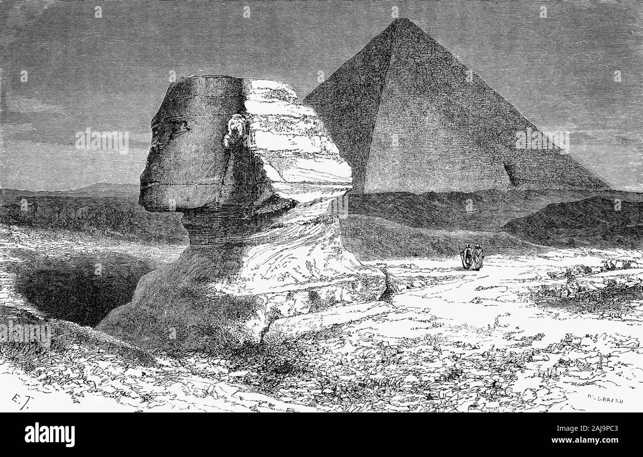 La sfinge è una mitica creatura con la testa di un essere umano e il corpo di un leone. Il più grande e il più famoso è la Grande Sfinge di Giza, situato sull'Altopiano di Giza adiacenti alle Grandi Piramidi di Giza sulla riva occidentale del fiume Nilo e rivolto verso oriente. La data di costruzione sconosciuta, ma la maggior parte di egittologi pensare la testa porta la somiglianza del faraone Khafra, un antico re egiziano (faraone) della quarta dinastia durante l'antico regno. Foto Stock