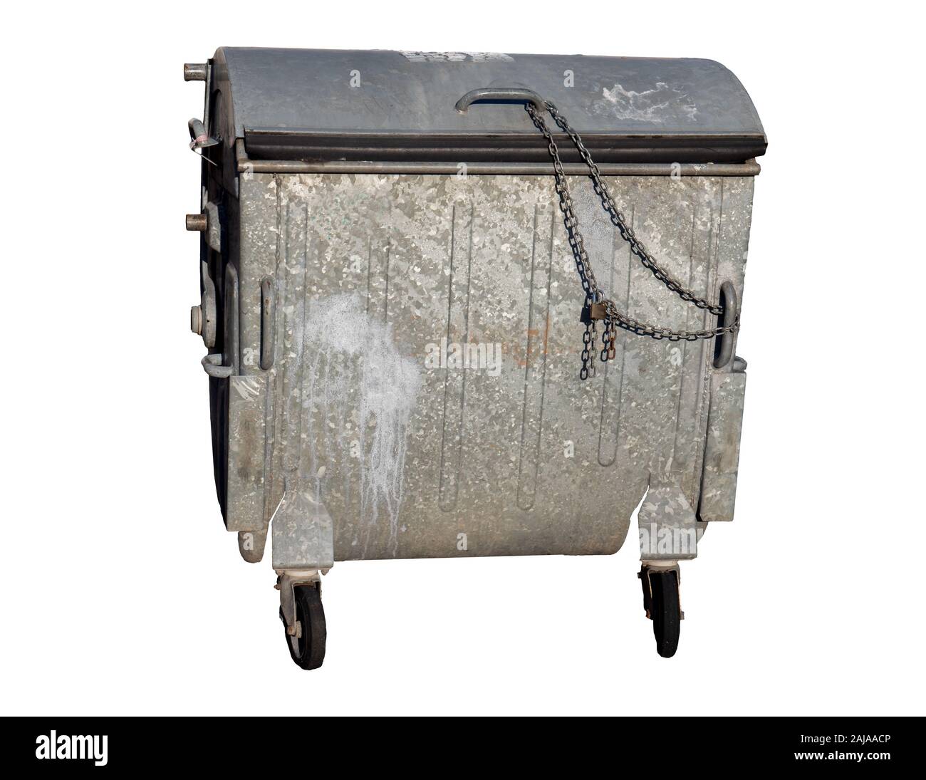 Rifiuti metallici contenitore isolato su sfondo bianco Foto Stock