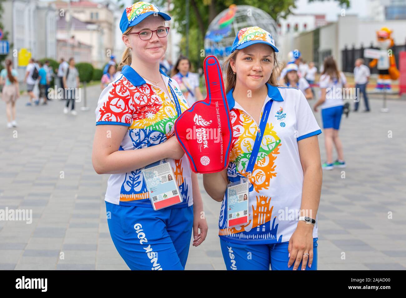 Minsk, Bielorussia - 21 Giugno 2019: volontario a Minsk giochi europei. Foto Stock