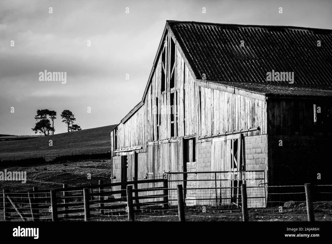 Fienile in legno in un giorno invernale in Hexhamshire, Northumberland - immagine in bianco e nero Foto Stock