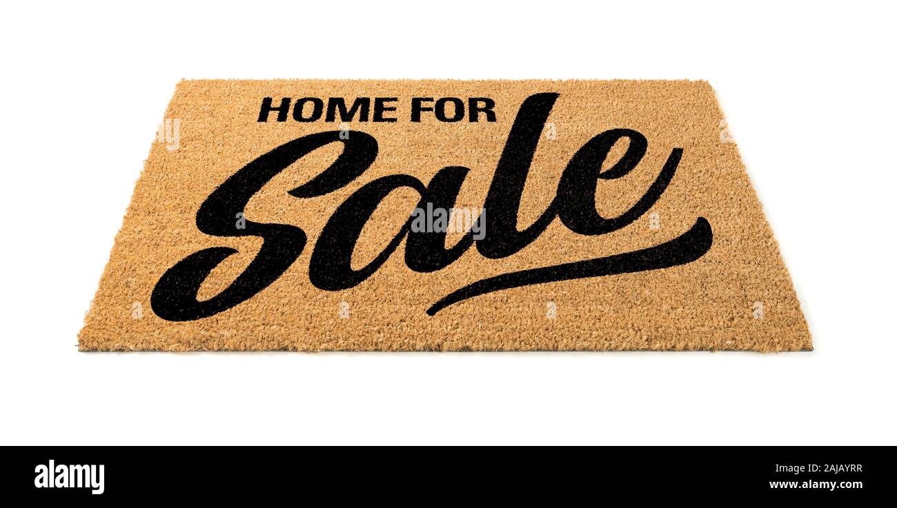 Casa in vendita tappeto di benvenuto isolato su uno sfondo bianco. Foto Stock