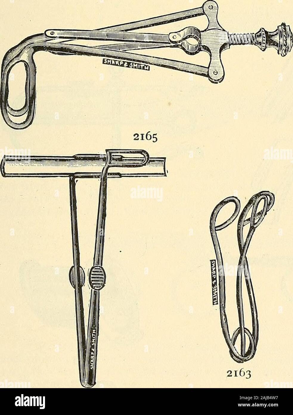 Catalogo di Sharp & Smith : importatori, produttori, grossisti e rivenditori di strumenti chirurgici, deformità apparecchiatura, arti artificiali, gli occhi artificiali, calze elastiche, capriate, stampelle, sostenitori, galvanica e batterie faradic, ecc., i chirurghi' apparecchi di ogni descrizione . 2164 W/ Fig. 2164.-nasale Speculum, otto pollici di lunghezza, con lame reversibili. Questa lunghezza è dato" a esso per permettere al paziente di tenerlo nel suo passaggio nasale.. 2171 Foto Stock