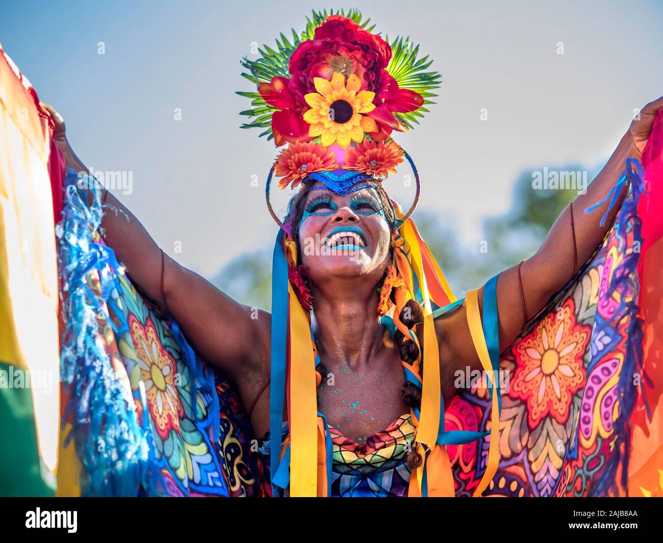 Bella donna brasiliana della discesa africana indossando costumi colorati e sorridenti durante il carnaval street party in Rio de Janeiro, Brasile. Foto Stock