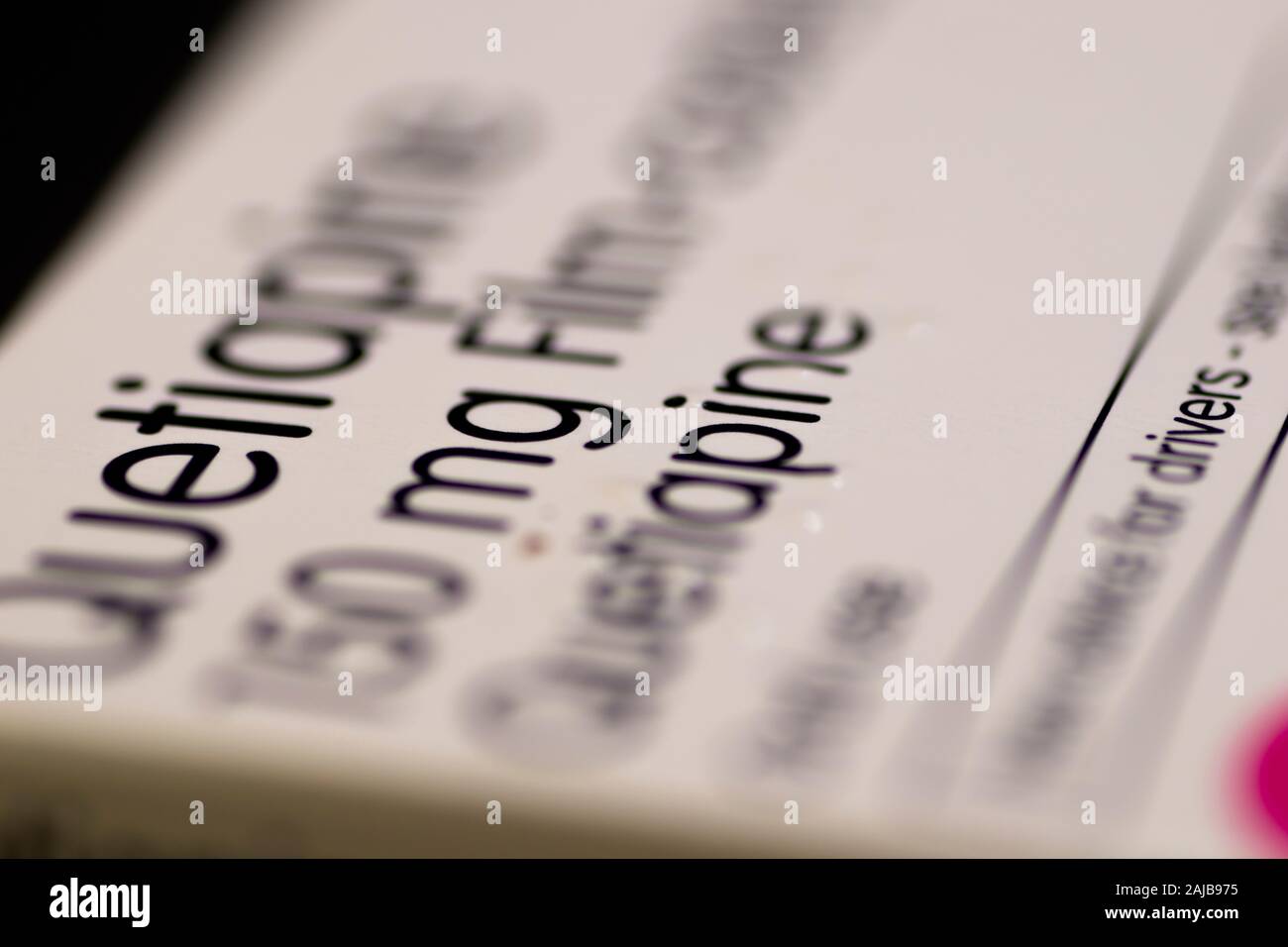 Scatola di Quetiapina compresse, un antipsicotico atipico utilizzato per il trattamento della schizofrenia, disturbo bipolare e disturbo depressivo maggiore Foto Stock