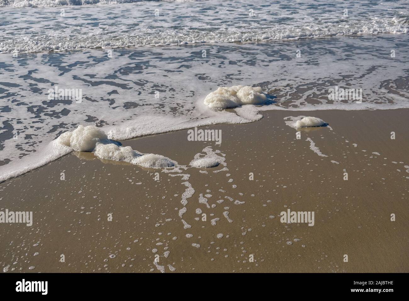 Inquinamento chimico di schiuma di mare sulla selvaggia costa del mare ecosistema,l'inquinamento contaminazione Foto Stock
