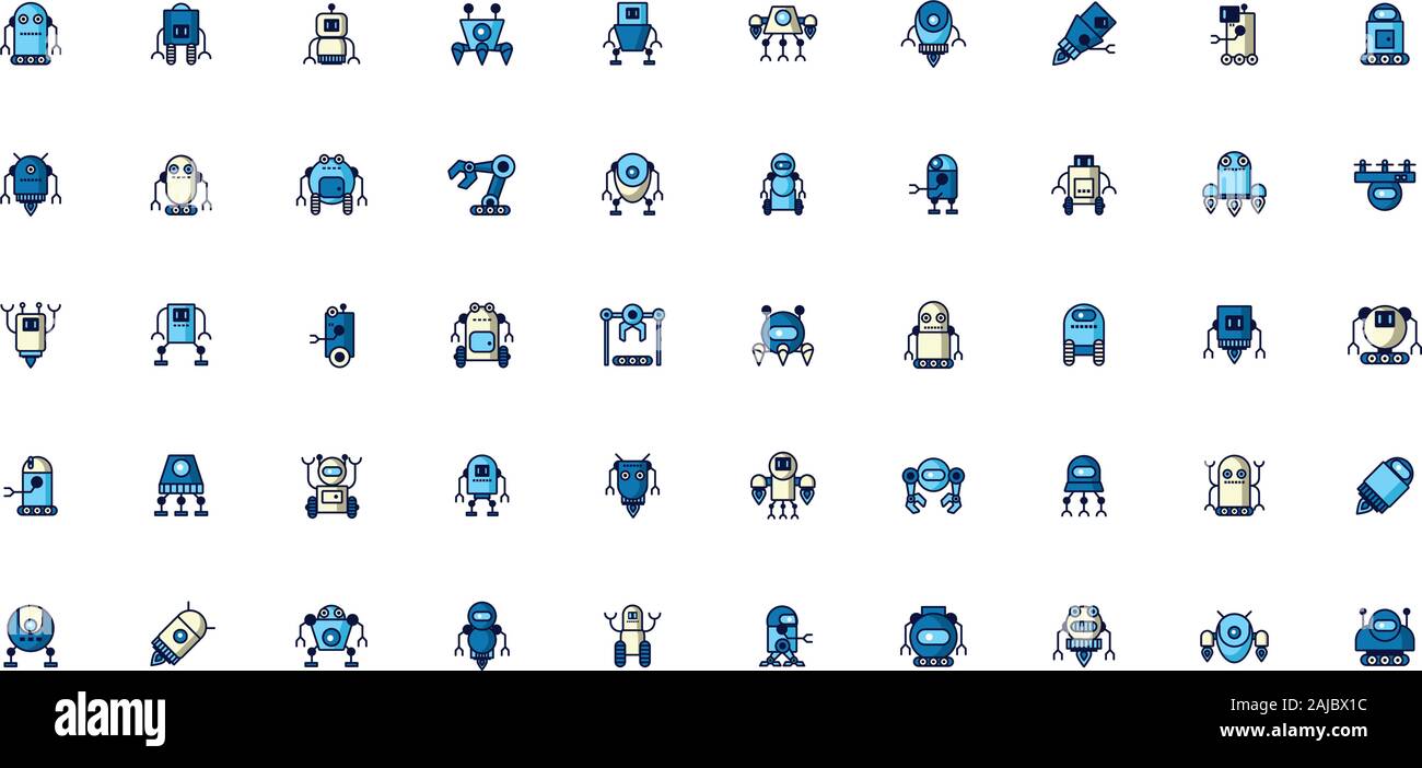 Bundle di robot cyborg impostare le icone Illustrazione Vettoriale