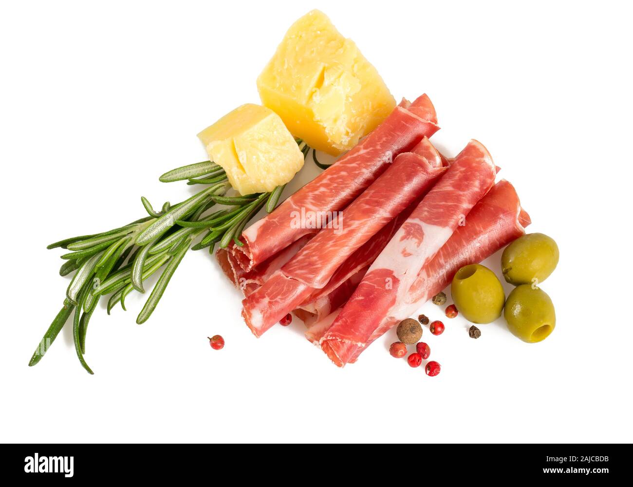 Coppa di Parma prosciutto, formaggio parmigiano e olive Foto Stock