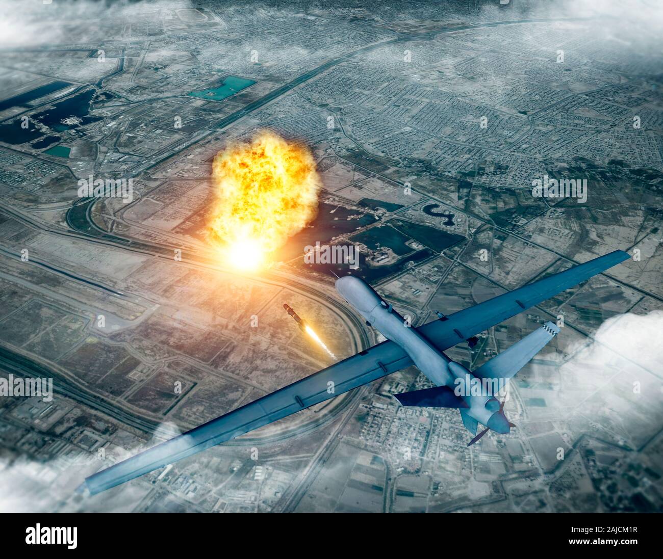 Noi drone attacco contro il convoglio del generale iraniano Soleimani Qassem, 3d rendering. Aeroporto di Baghdad, Iraq Foto Stock