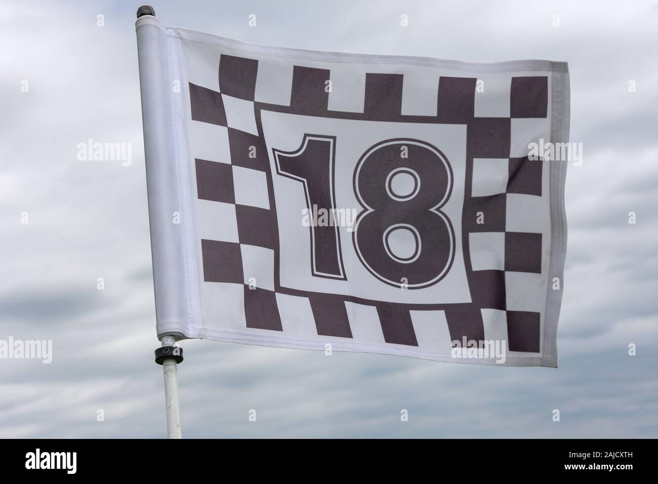 Xviii bandiera verde Kigbeare sul campo da golf presso l'Hotel Ashbury, maggiore Maddaford Southcott, Rainford, England, Regno Unito Foto Stock