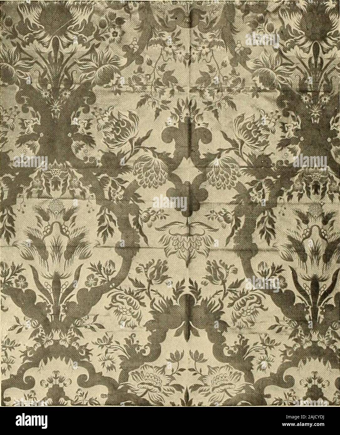 Tessuti decorativi; un libro illustrato su coperture per mobili, pareti e pavimenti, compresi i damaschi, broccati e velluti, arazzi, merletti, ricami, chintzes, Cretonnes, tendaggi e arredi passamaneria, wall papers, tappeti e moquette, cesellata e pelli illuminato . Piastra XX-Louis XVI brocade, ricca e complessa inmany colori, riproduzione moderna. Piastra XXI-Italian Lampasso in cinque colori,riproduzione moderna Foto Stock