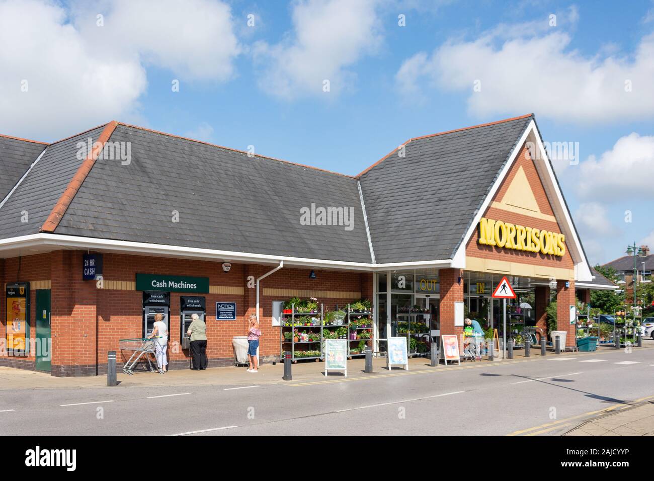 Ingresso al Morrisons supermercato, Mill Street, Kirkham, Lancashire, Inghilterra, Regno Unito Foto Stock