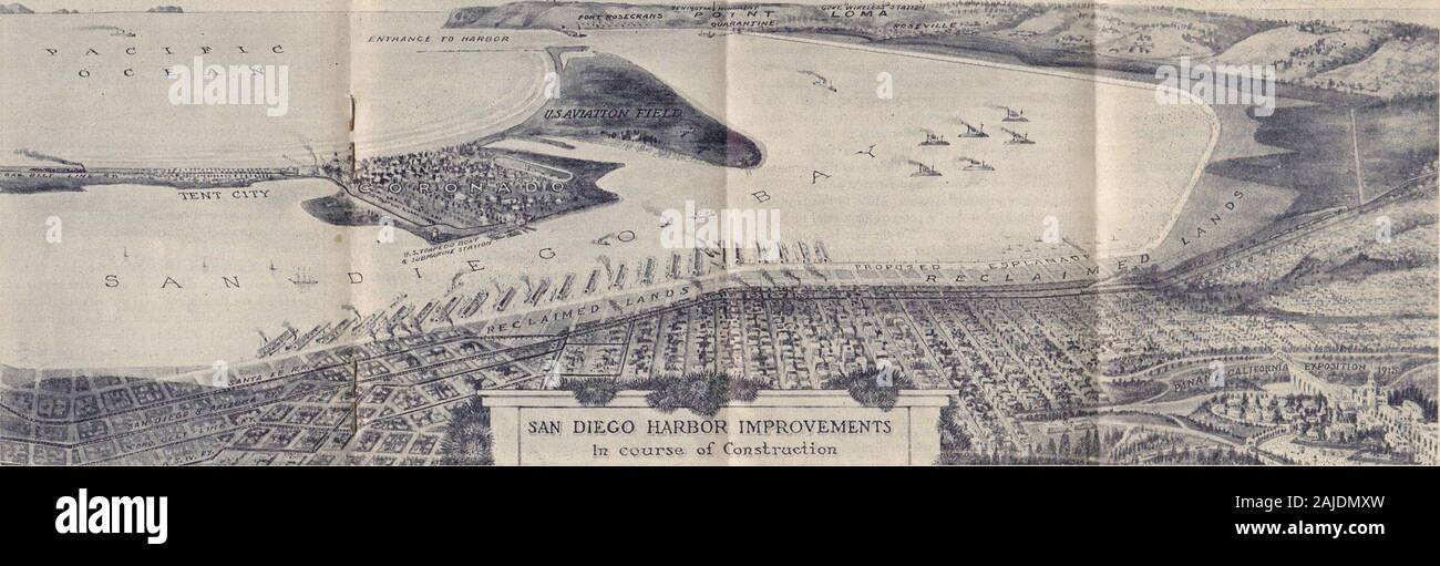 San Diego California / il porto del sole / Panama California Exposition City 1915 . sno al serbatoio di stoccaggio siti.Le indagini hanno determinato una dozzina di ideale locationsfor dighe e bacini di contenimento, con capacità variano-ing da 15 a 100 miliardi di galloni. Il run-off di acqua lungo uno dei mountainstreams durante un anno medio, era di cinquanta billiongallons secondo le misurazioni attenta deter-minata da funzionari governativi. Dighe di irrigazione:-Sweetwater ha una capacità ofeleven miliardi di galloni, San Diego Flume azienda,quattro miliardi di galloni. Escondido serbatoio, uno e in misura compresa tramezzo giro miliardi di galloni. Th Foto Stock