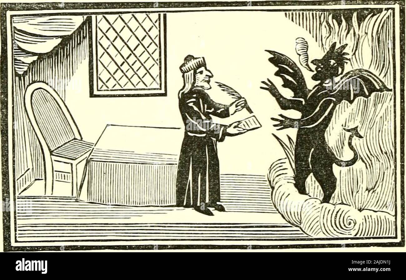 Chap-libri del diciottesimo secolo . ritsat comando. Cap. 4. Faust si lascia il sangue e si fa overTO il diavolo. Lo Spirito che appaiono al mattino al Faust, ha detto lui, Thatnow egli era venuto a vedere la scrittura eseguita e dare himpower. Dopodiché la Faust ha preso un coltello, pungere un veinin il suo braccio sinistro e trasse il sangue, con la quale egli scrisse quanto segue : io, Giovanni Faust, Dottore in Divinità, fare apertamente acknow-lege che in tutto il mio Studio del corso della natura e l'ele-zioni, non avrei mai potuto raggiungere il mio desiderio ; ho trovato uomini unableto aiutare me, hanno reso i miei indirizzi alle princ Foto Stock