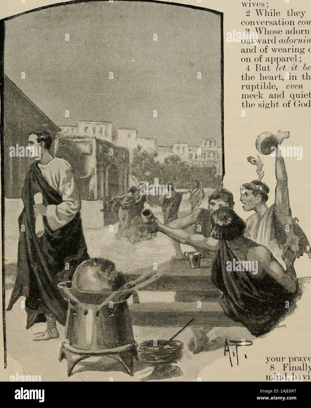 L'arte la Bibbia, comprendente il vecchio e il Nuovo Testamento : con numerose illustrazioni . re inviato da lui per la punizione del male-doeiS, e per la lode di loro che dowell. 15 perché questa è la wnll di Dio che con ben facendo voi può mettere a tacere l'ignoranza offoolish uomini: 16 come libero e non utilizzando yotir liberty per acloak di malizia, ma come servitori ofGod. 17 onorare tutti 7nen. Amare la bi^otherhood.temete Dio, onore al re. Doveri dei servi. 1 Pietro 3. Doveri dei mariti e mogli. 18 Servi, egli soggetti ai vostri padroni withall paura; non solo ai buoni e dolci, maanche per Foto Stock