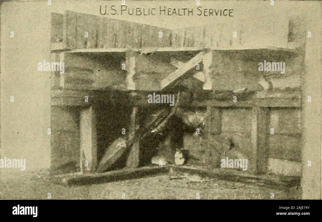 Pratica di medicina preventiva . Maiale. 85.-Generalview stabili e di casa di posta indesiderata dal secondo piano. Twoplague ratti sono stati intrappolati qui. Sulla demolizione 86 ratti sono stati uccisi. (PublicHealth relazioni.). Fig. 86.-modello che mostra i dettagli di costruzione che permettono di infestazione di ratto.(Suppl. 27, relazioni sulla sanità pubblica, U. S. P. H. S.) animali inferiori come fonti di infezione per l uomo 207 (d) la delimitazione di una zona infetta: Generale trappingoperations rat dovrebbe essere effettuata in tutta la zona infetta. Allrats catturati e tutti trovati morti devono essere esaminati per evi- Foto Stock