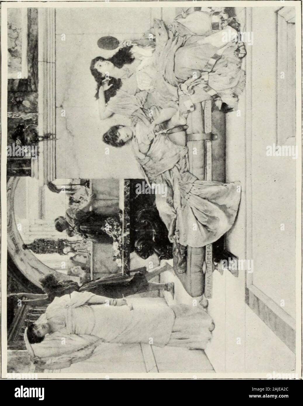 Sir Lawrence Alma-Tadema, O.M., R.A. . Formulata, il suo progresso reale era in freedomof disegno, nella percezione della bellezza,nella sottigliezza e squisitezza del colore, indirectness di intenzione pittorica, in allegria ofspirit. Egli insegna in meno, ma che gli piace di più.Posso aggiungere in un sussurro che egli riceve moremodern come egli diventa più umano, utilizzando arte onlyas un drappeggio per la natura e il passato come acloak per il presente. In lui il artisthad diventa il maestro dell'archeologo. Le donne di Amphissa contiene nofewer oltre quaranta figure. È stato uno dei theonly due soggetti di Alma-Tadema che weresent al Foto Stock