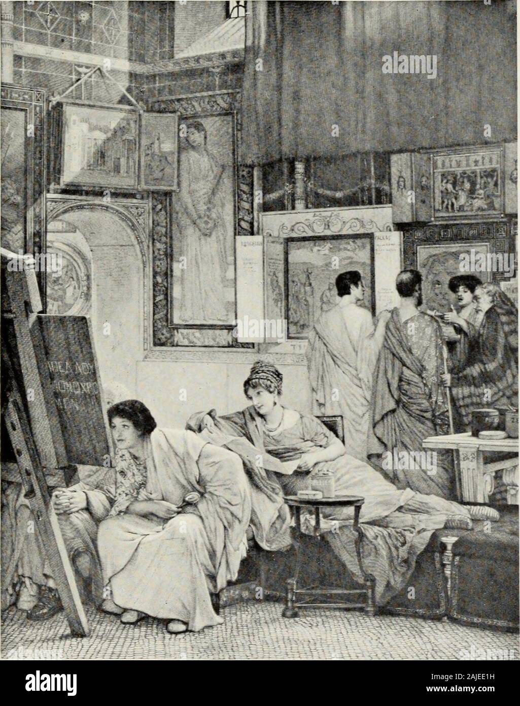 Sir Lawrence Alma-Tadema, O.M., R.A. . Lery, in cuiun ben nota immagine del concessionario in piedi in themidst, figure come titolare o di Cicerone. Asusual, archeologia è coraggiosamente ribelle ofcritical dubbi. Per questo mi permetto di aggiungere una nota dalla artisthimself : Queste due immagini sono state dipinte per gam- bart, che li aveva nella sua villa a Nizza fino all'ultimo-almeno ha avuto la galleria di immagini, il dilettante essendo il suo ritratto, e altre figure di uomini del suo business. La galleria di scultura ha successivamente venduto al sig. McCulloch a Londra. Le figure in esso sono i ritratti di io e la mia famiglia. Dopo Foto Stock