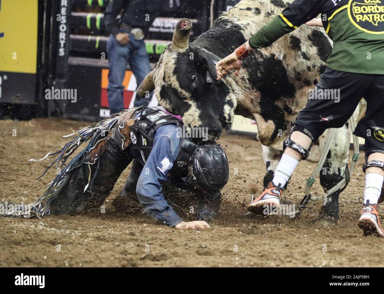 New York, Stati Uniti d'America. 3 gennaio, 2020. Jared Canonica è attaccato da bull non scuse come egli non è riuscito a fare un giro sul primo giorno del Professional Bull Riders (PBR) scatena la bestia bull riding evento in New York, Stati Uniti, gennaio 3, 2020. Credito: Wang Ying/Xinhua/Alamy Live News Foto Stock