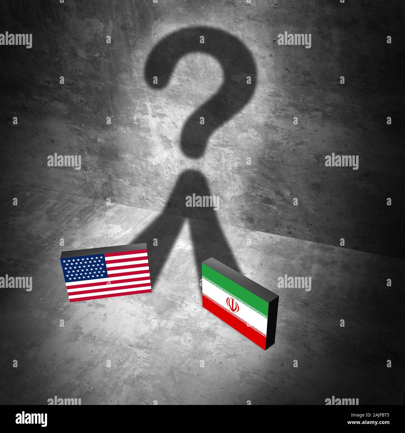 Iraniano domande americano come militari USA la guerra di tensione o di conflitto degli Stati Uniti in Medio Oriente il concetto di crisi come un problema di sicurezza per motivi economici. Foto Stock