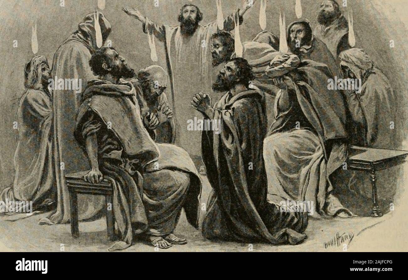 L'arte la Bibbia, comprendente il vecchio e il Nuovo Testamento : con numerose illustrazioni . George Tinworlk mentre essi videro, fu preso yp.-atti i. 9. 153 Pefer^s sermone in atti 2. Uw iam/ di Pentecosx.. Apparvero loro selvaggi lingue come di fuoco. -Agisce ii. 3. 15 Costoro non sono ubriachi, come voi ritenete,vedendo è hut la terza ora del giorno. 16 Ma questo è ciò che fu detto dal profeta Gioele: 17 Ana avverrà nel lastdays, dice Dio, che spanderò del mio Spiritupon ogni carne : i vostri figli e yourdaughters devono proi^hesy, e il vostro youngmen deve vedere visi Foto Stock