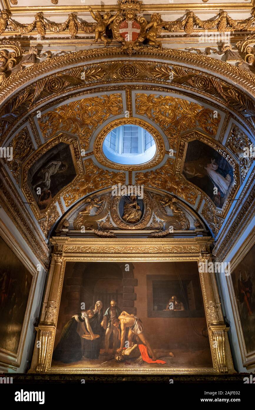 L' oratorio con il famoso dipinto di Caravaggio "La decollazione di San Giovanni Battista' dal 1608 in Saint John's Concattedrale a La Valletta, Malta Foto Stock