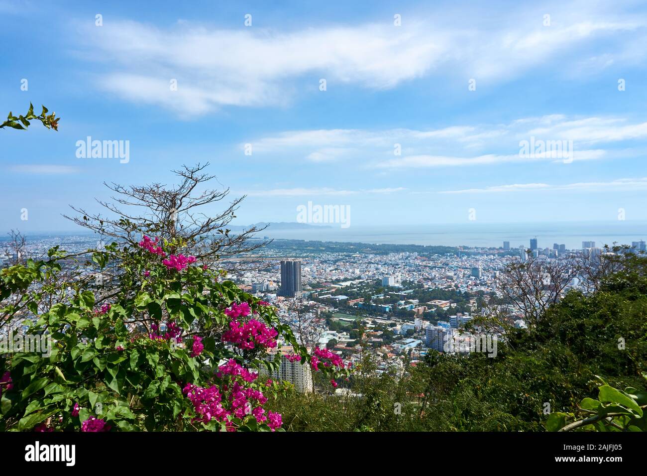 VUNG TAU, VIETNAM - dicembre.24.2020: Vista su Vung Tau con fiore rosa in primo piano Foto Stock