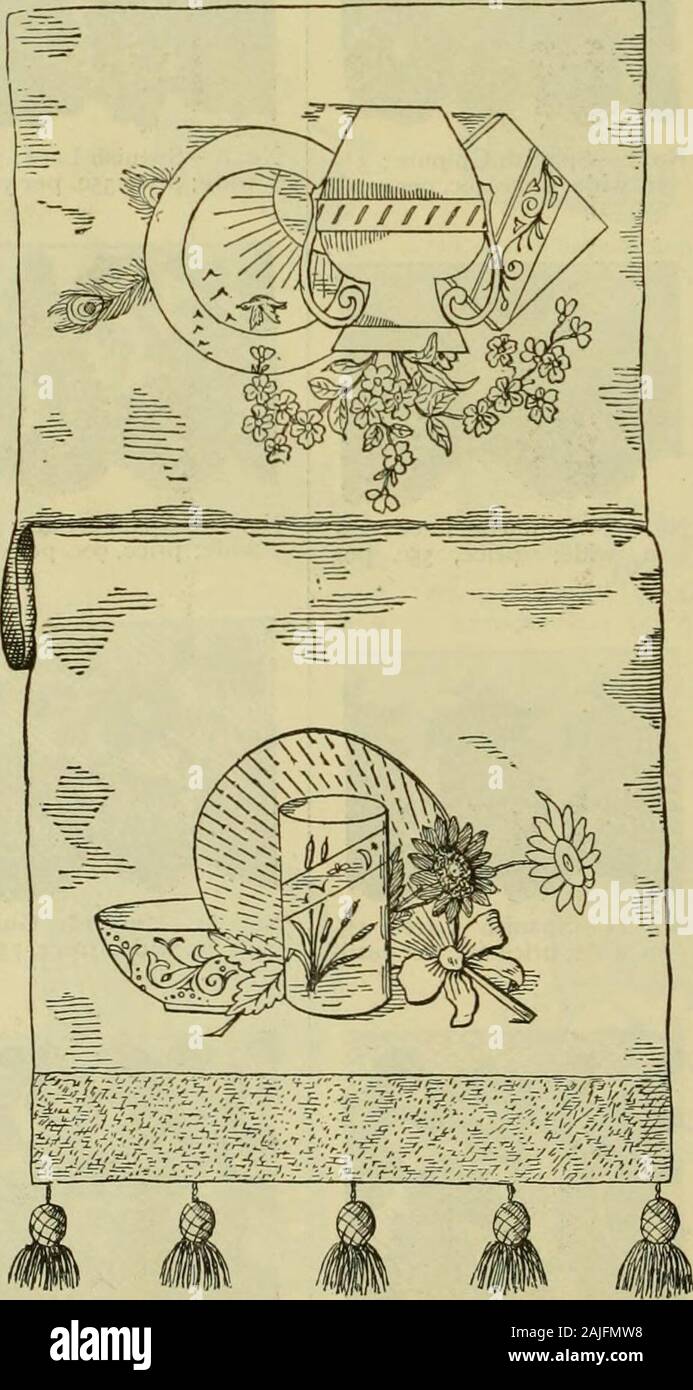 Strawbridge & Clothier's Quarterly . No. 2.-catch-tutti Cornucopia, ofwhite paglia, con passamaneria ofcardinal morbidi e satinato; prezzo,f3-75- No. 3.-ha iniziato sciarpa tabella coperchio, di oliva feltro. Thematerials necessari per concludere sono crewel e seta, la flowersbeing lavorato a maglia crewel e figure in etchingstitch. È finito con bande di oliva e peluche thistlesof crewels tinsel e. Dimensioni, 54 x 27 pollici; prezzo, ho9.50. Foto Stock