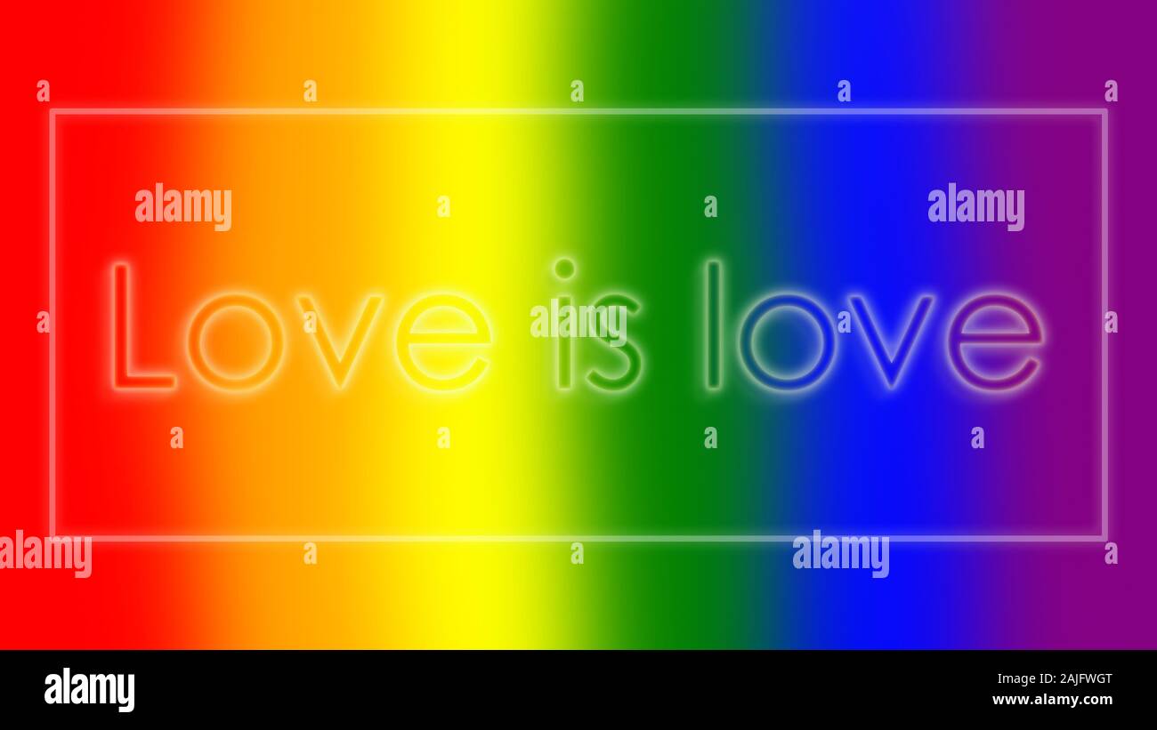 Testo moderno e luminoso 'Love is Love', i colori della bandiera arcobaleno del movimento LGBT sfocati sullo sfondo. Immagine digitale con risoluzione 4k. Foto Stock
