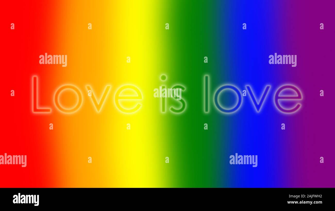 Testo moderno e luminoso 'Love is Love', i colori della bandiera arcobaleno del movimento LGBT sfocati sullo sfondo. Immagine digitale con risoluzione 4k. Foto Stock