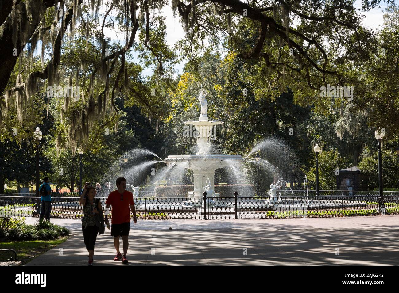 Fontana di Forsyth park, savana, GA, Stati Uniti d'America Foto Stock