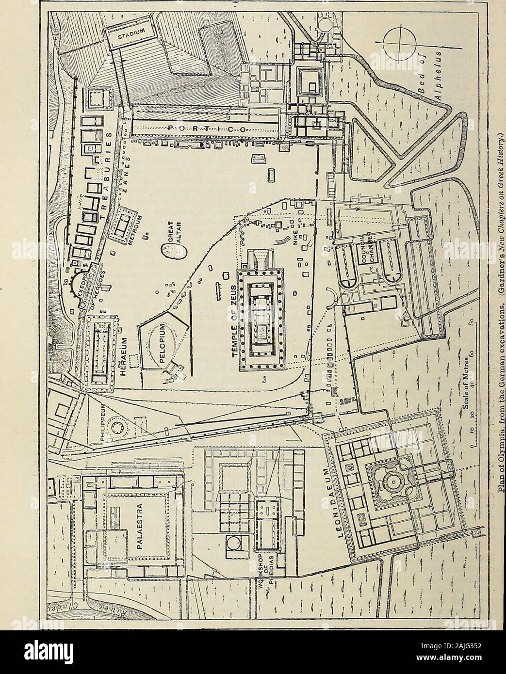 Www.flickr.com/photos/internetarchivebookimages/tags/book... . In oro e avorio di Fidia. Prominentamong le statue di fronte al tempio throughwhich le processioni passati per raggiungere thetemple stesso, e di cui in molti casi theinscribed verseH rimangono, erano i Eretrian bullby Philesias al nr., e la grande statua ofNike da Paeonius alla SE. ThiB famoso statuewhich, dominata al di sopra di quelli che si avvicinavano a 624 OLYMPIA il tempio è stato in parte recuperato. [Paeo- mi mained tali al fine; altri sono stati ripristinati inNius]. A nord del tempio di Zeus era la pietra. La statua di Zeus dal Ph Foto Stock