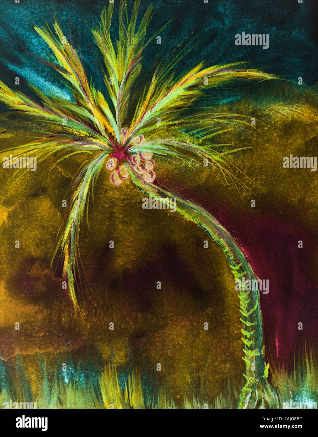 Psichedelia golden coconut Palm tree. La tecnica di tamponando vicino ai bordi dà un morbido effetto di messa a fuoco a causa di alterata la rugosità della superficie della carta Foto Stock