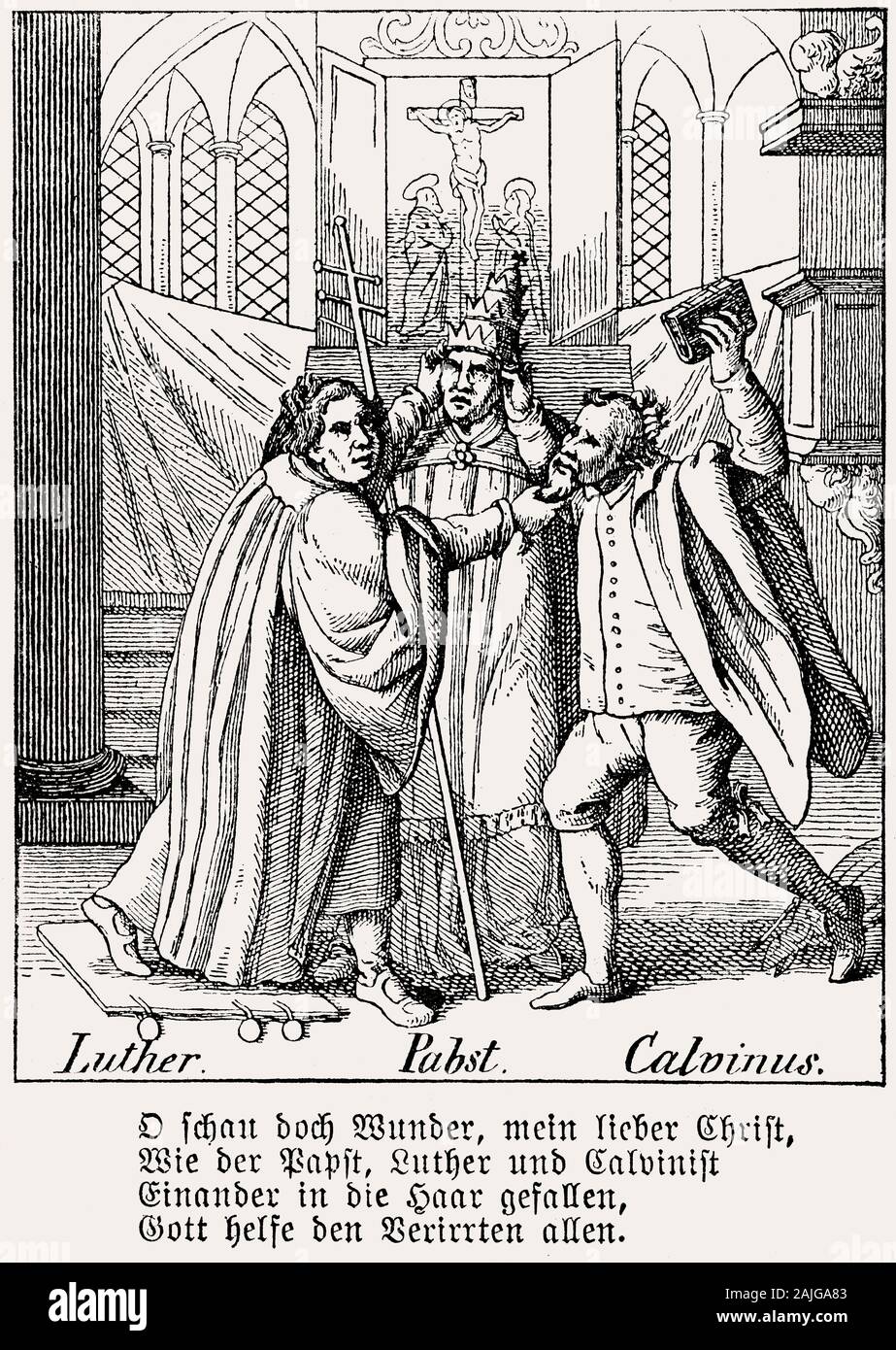 La caricatura delle controversie tra Martin Lutero e Giovanni Calvino Foto Stock
