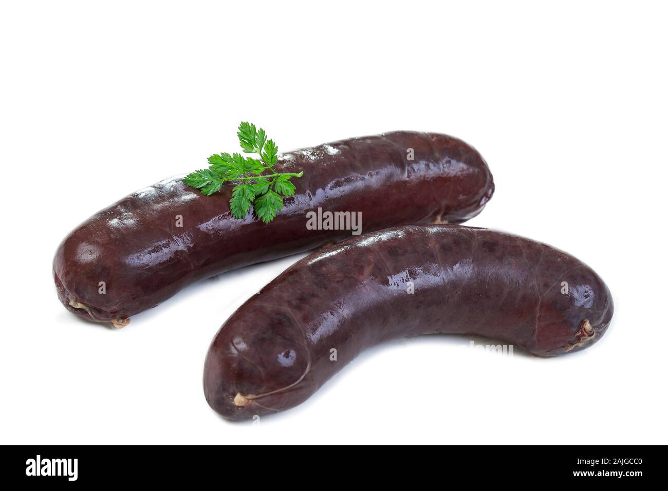 Tipico francese budino nero con cipolla o boudin noir, su sfondo bianco Foto Stock