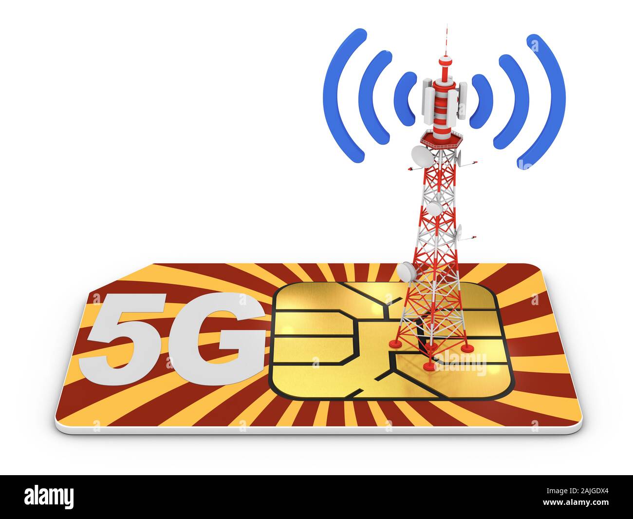 Scheda SIM con la scritta 5G e torre di telecomunicazioni con il segnale. 3g render. Foto Stock