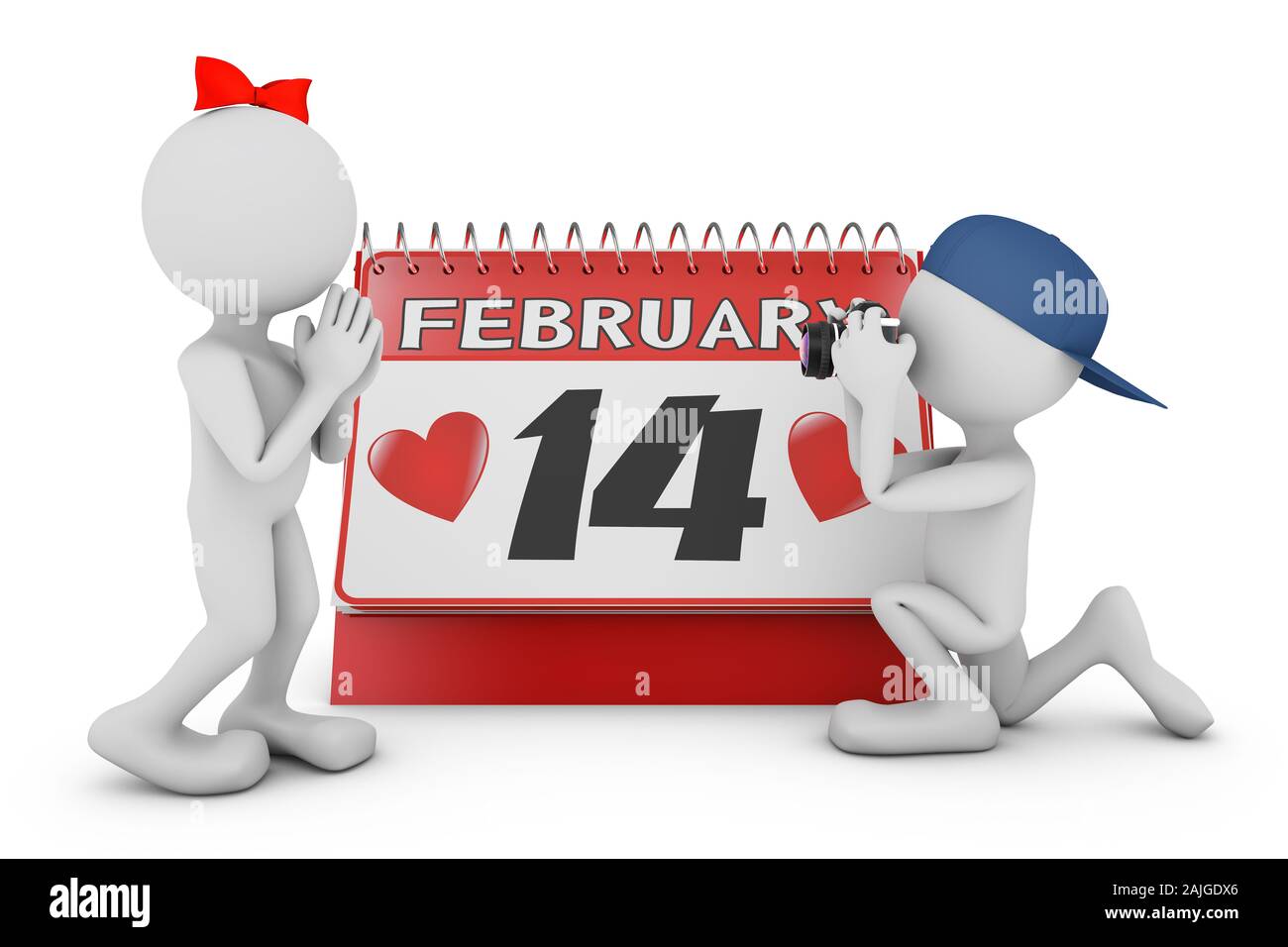 Un uomo le foto sulla fotocamera contro lo sfondo della scrivania di un calendario con data febbraio 14. 3D render. Foto Stock