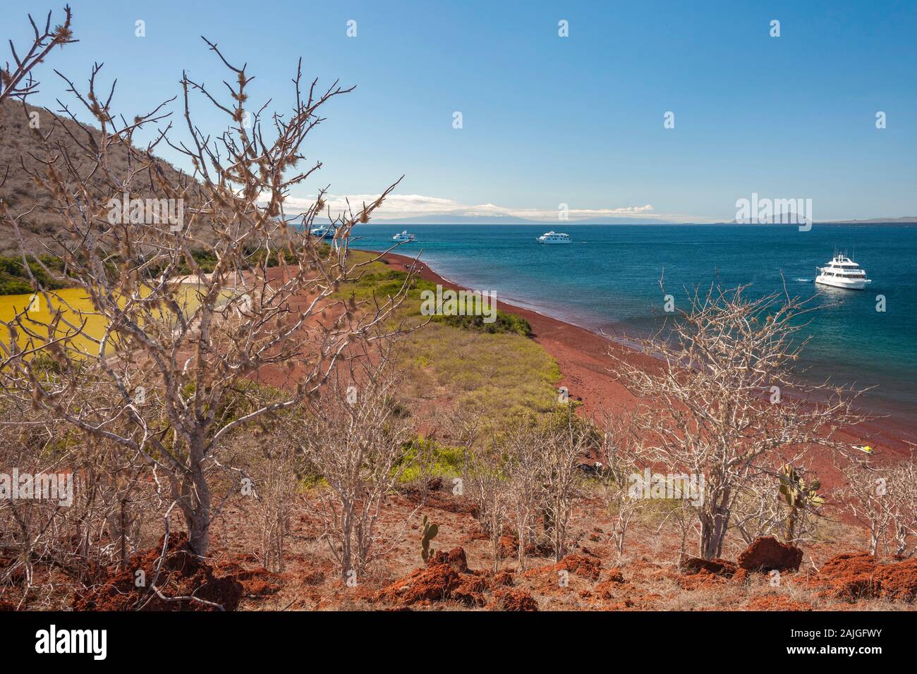 Battelli turistici che sono ancorate al largo di isola Rabida, Galapagos, Ecuador. Foto Stock