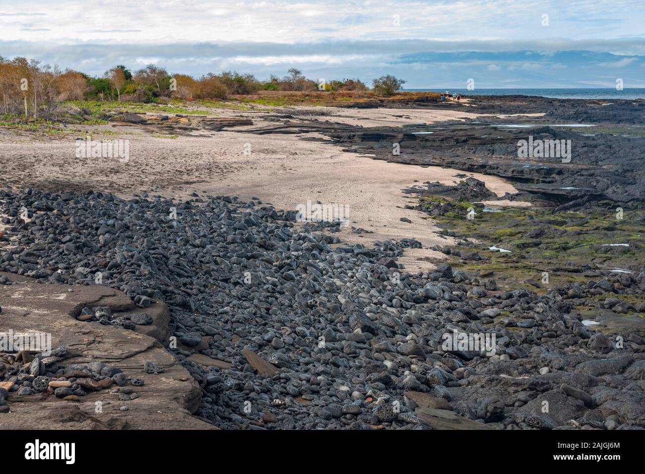 Il paesaggio costiero dell'isola di Santiago, Galapagos, Ecuador. Foto Stock