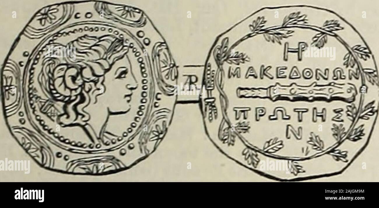 Www.flickr.com/photos/internetarchivebookimages/tags/book... . Consisteva di Thracianand tribù illiriche. In un periodo in anticipo someGreek tribù si insediarono in th.3 S. parte di thecountry. Essi sono detto di essere venuto fromArgos, e che sia stato portato da Gauanes,Aeropus e Perdiccas, tre discendenti ofTemenus, il Heraclid. Perdiccas, il youngestof fratelli, era guardata come il fondatore MACELLA MACRINUS 513 di tlie monarchia macedone (HDT. viii. 138). Una tradizione Ilater tuttavia considerato Caranus, chi iwas anche un Heraclid da Argos, come founderof la monarchia. Questi coloni greci inter-mar Foto Stock