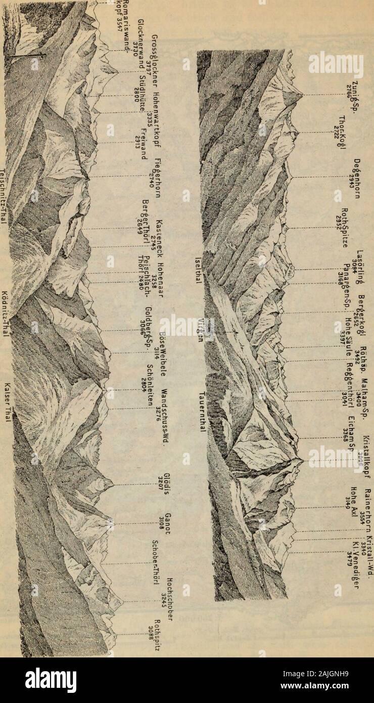 Le alpi orientali : comprese le highlands bavarese, Tirolo, Salzkammergut, Stiria, Carinzia, Carniola e Istria Handbook per viaggiatori . 15* 1:260.000. Geoffr J. MeiZe (15=IV Wa^ei un Debes, io,eapz,i^- i   a   3 S 6 T Elonietres =^ Ostcrr.rostmefle^. 14529. Da Windisch-Matrei a Kals e Heiligenblut. A Kals da Windisch-Matrei più attraente è percorso dallaMatrei-Kalser Thorl (vedere di seguito; briglia-percorso, al Thcirl 3V2-4, a Kals5^2 ore.; guida non indispensabile). - Da Lienz a Kals, 7 ore. •, Roadas quanto Hvhen (p. 138); poi un sentiero attraverso la KaUer-Thal (seebelow). - A partire da Foto Stock