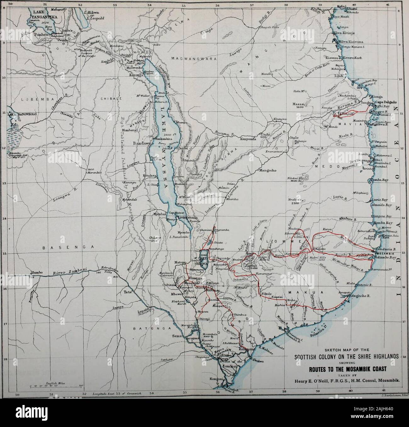 Scozzese rivista geografica . 6,58 206.7 206.8 3046 Sett. 1. Colline Mwakwa (banche di LosiRiver), .....Mwakwa colline (in salita). ,, Fare.,Mwakwa colline (punto più alto raggiunto 26.6325.5024.75), .... 11.30 79 24,3 202,8 202.6 5423 ,. 8. Fiume Nalume (riva sinistra), 1 1 A.M. 78 27.07 208.05 208.15 2496 ., 54. Yano Valley (destra matassa del fiume). 17.30 75 26.93 207.7 207.8 2437 " 30- Luli (Fiume Lurio), (punto crossedin Lat. 15° 15 s , a lungo. 36° 9 e dal conto), .... 9 A.M. 77 27.32 209.0 209.0 1723 Mkanyea Village (f a 1 miglio ad est della sponda orientale del lago di Kilwa e sulla sponda destra del fiume Mne Foto Stock