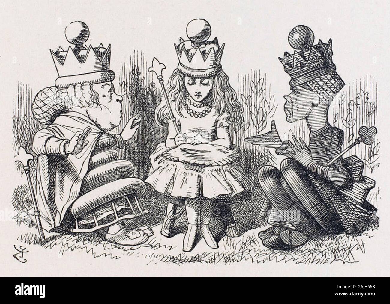 ALICE attraverso il cerca-vetro (1871) da Lewis Carroll. Alice con il rosso e bianco Queens disegnato da John Tenniel Foto Stock