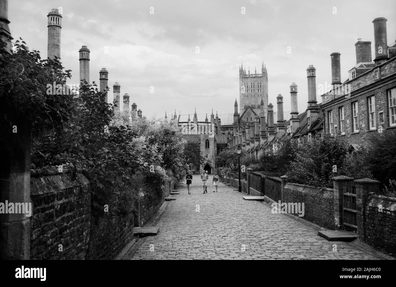 I Vicari' vicino, pozzi, Somerset, Inghilterra, UK, datato circa 1400: la più antica puramente strada residenziale con i suoi edifici originali tutti integro in Europa. Il vecchio film in bianco e nero fotografia, circa 1990 Foto Stock