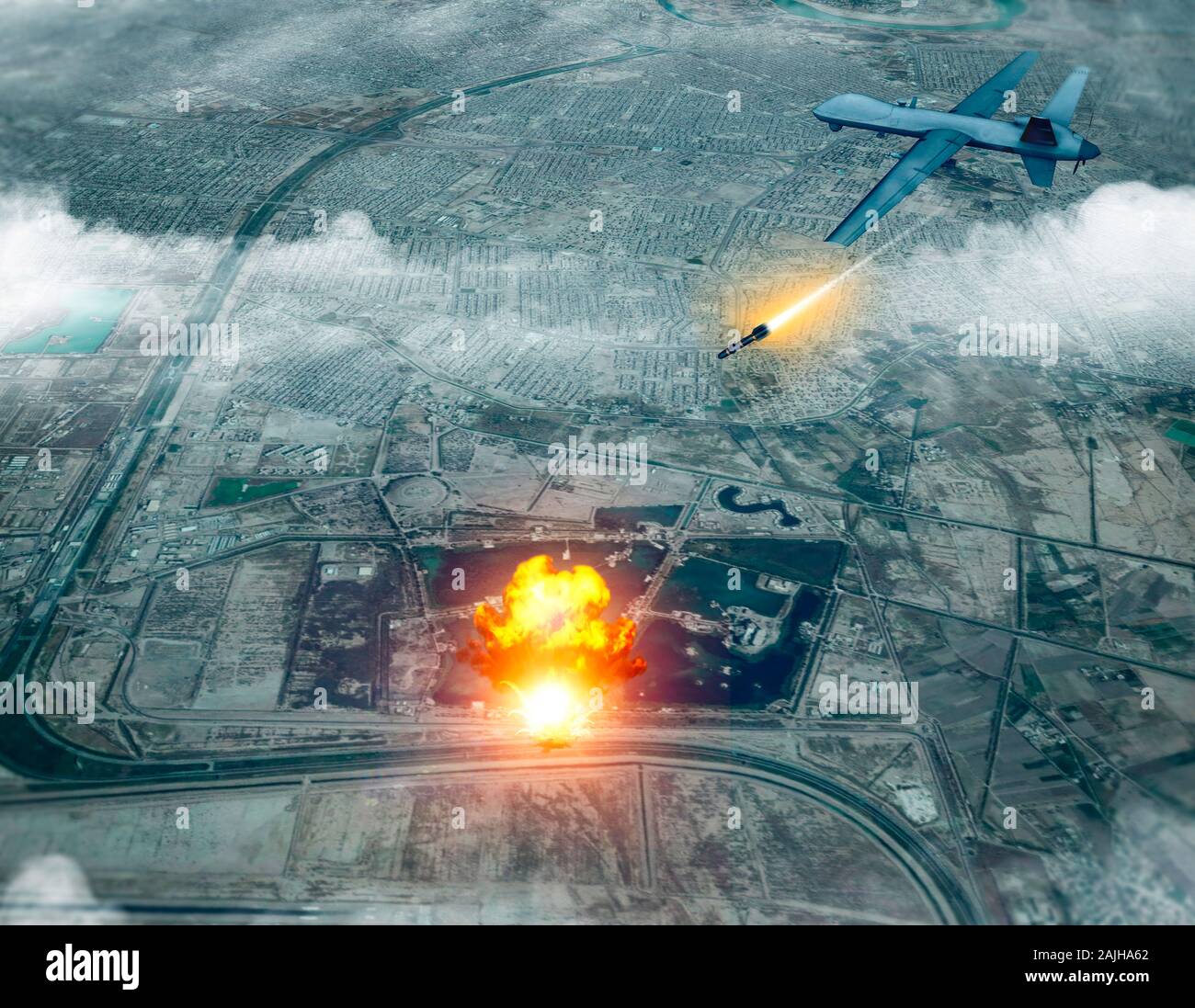 Noi drone attacco contro il convoglio del generale iraniano Soleimani Qassem, 3d rendering. Aeroporto di Baghdad, Iraq. Foto Stock