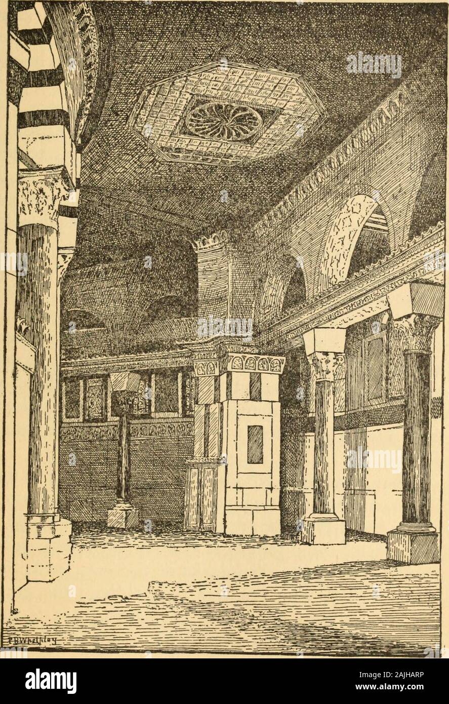 Il Cairo, di Gerusalemme e Damasco: . ce issaid Mamun per costruire questo Dôme nell'anno 691 (72 A. H.),quasi un secolo prima della sua nascita. Da M. vanBerchems Corpus delle iscrizioni Cairene hâvealready abbiamo esempi di questa modalità di altération, whichreminds noi del trattamento da antichi compilatori dei documenti che hanno realizzato i loro libri,risultante in dichiarazioni contraddittorie essendo sinistra lato sideby. M. van Berchem pensa che il bronzeplates al di sopra del settentrionale e orientale belongto porte del periodo di Abd al-Malik, ma in casi thèse bothnames e date hâve stato alterato, quest'ultimo all'anno 2 Foto Stock