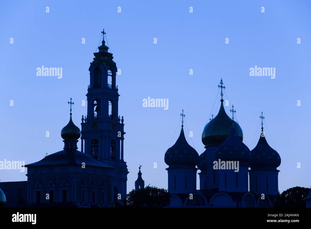 Sera, panoramica, la Santa Trinità di San Sergio Lavra, sito UNESCO, Sergiev Posad, Golden Ring, Oblast di Mosca, Russia Foto Stock